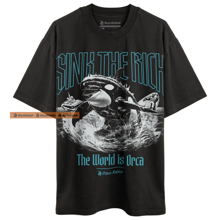 Black t-shirt with orca graphic.