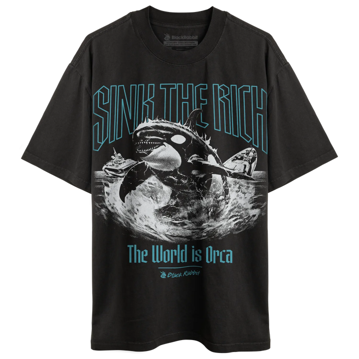 Black t-shirt with an orca attacking a ship design.