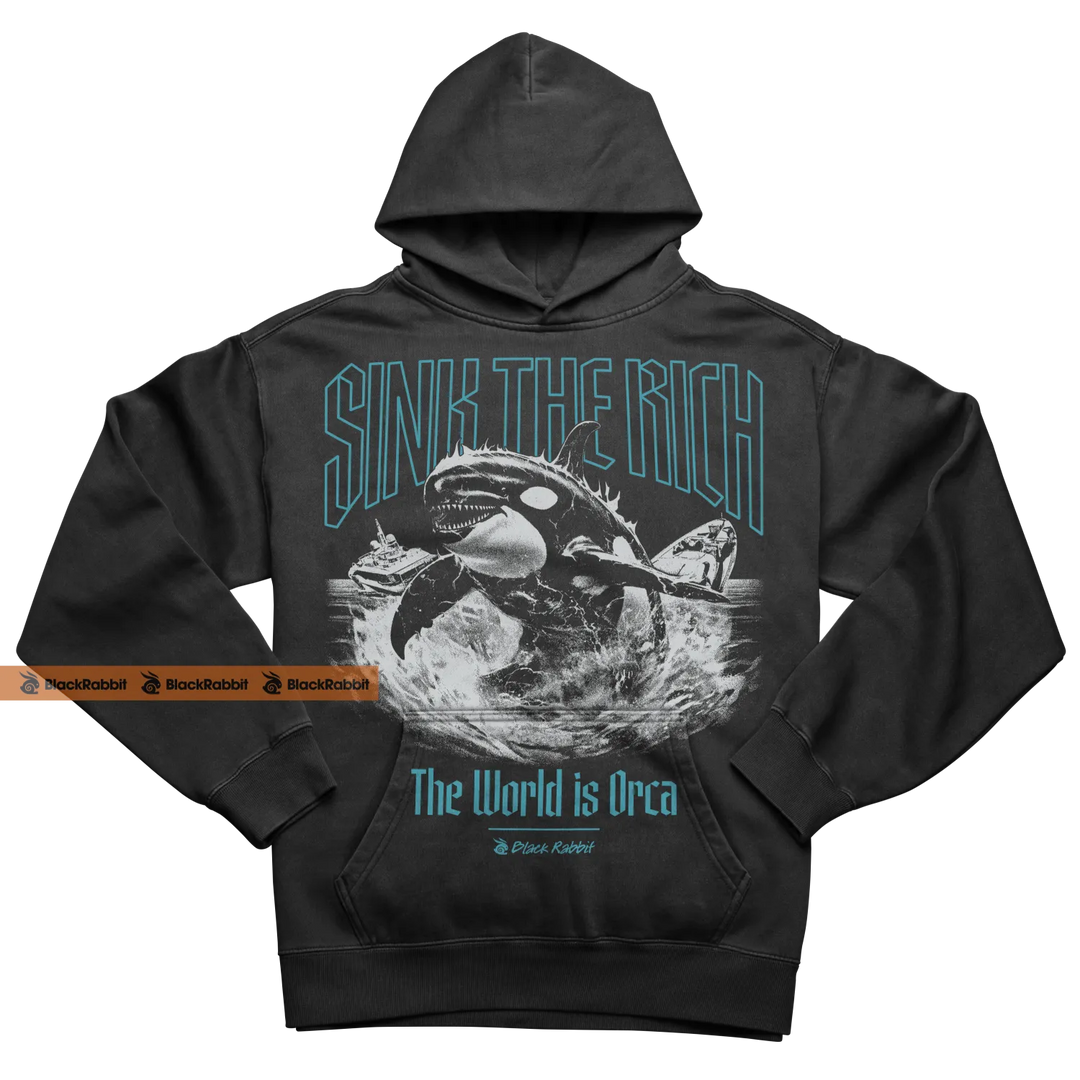 Black hoodie with orca graphic.