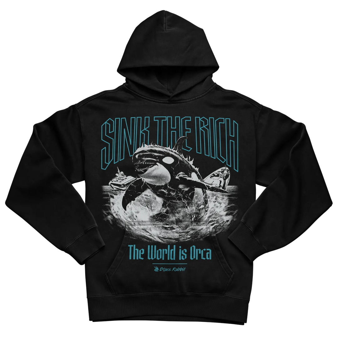 Black hoodie with orca design and text ’sink the rich’