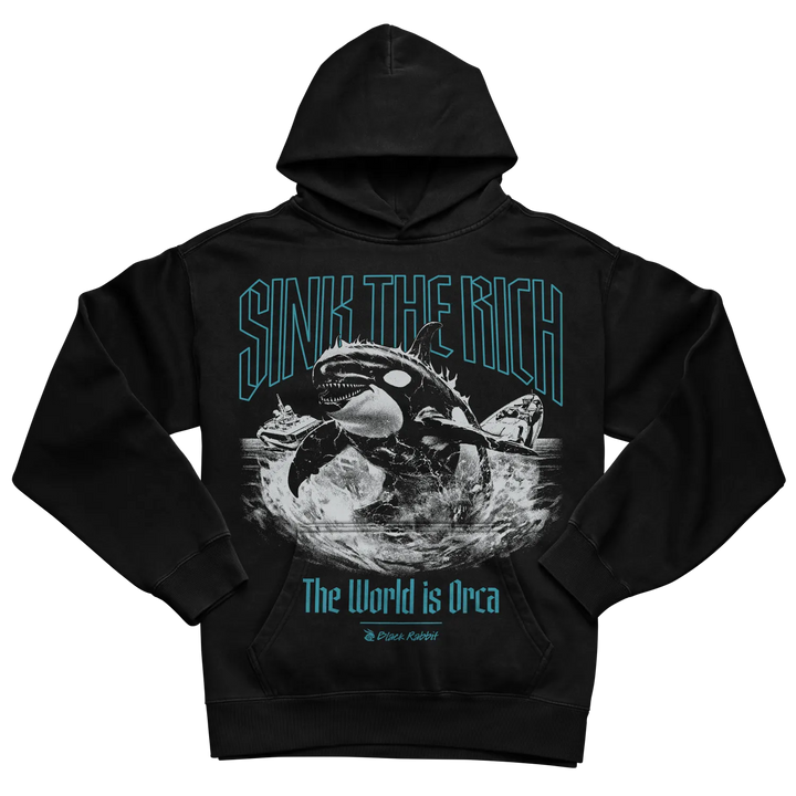 Black hoodie with orca design and text ’sink the rich’