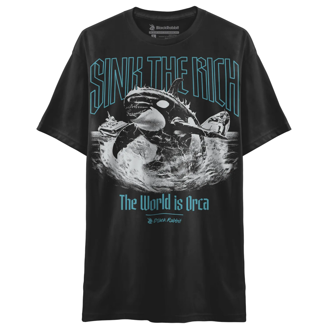 Black t-shirt with a graphic print of an orca and a ship.