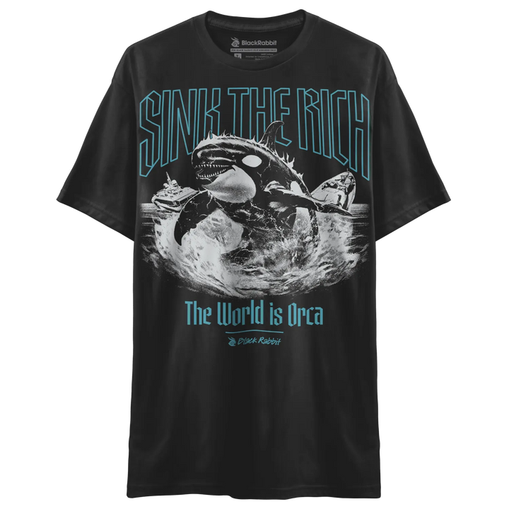 Black t-shirt with a graphic print of an orca and a ship.