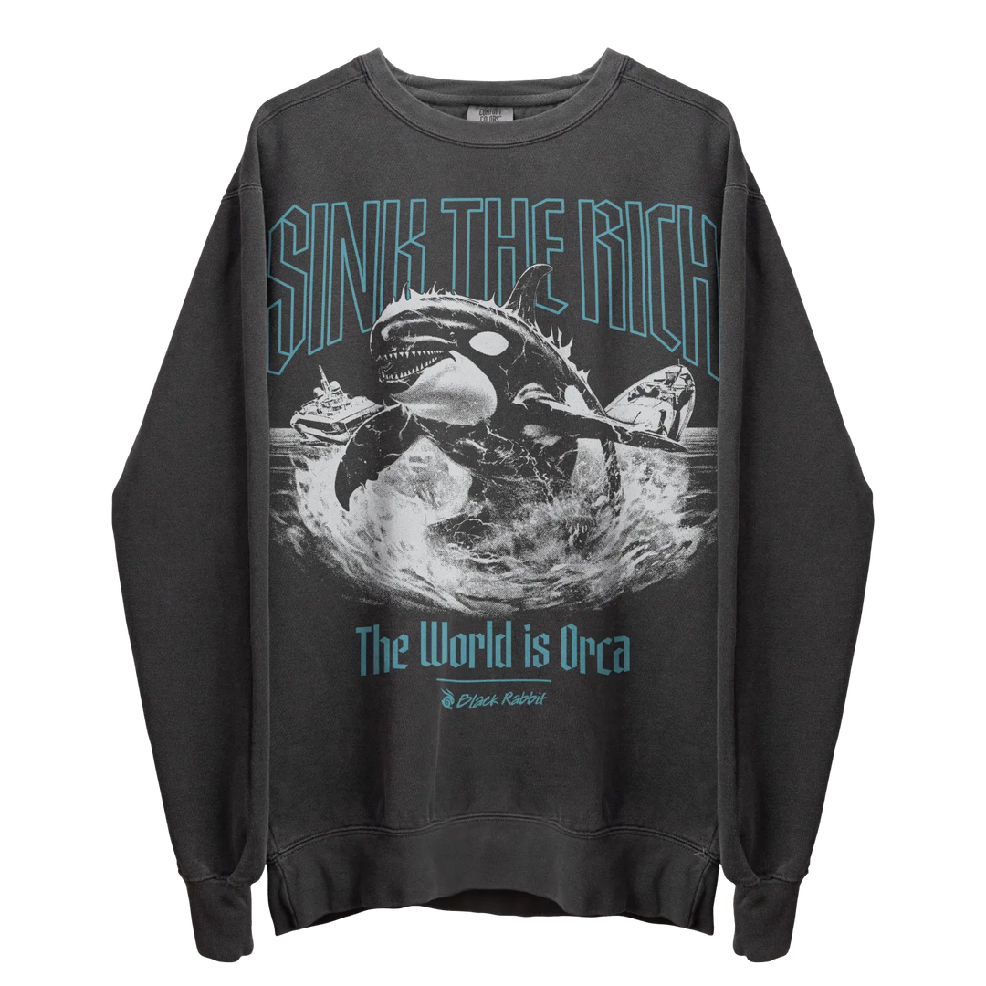 Dark grey long-sleeved graphic sweatshirt with an orca design.