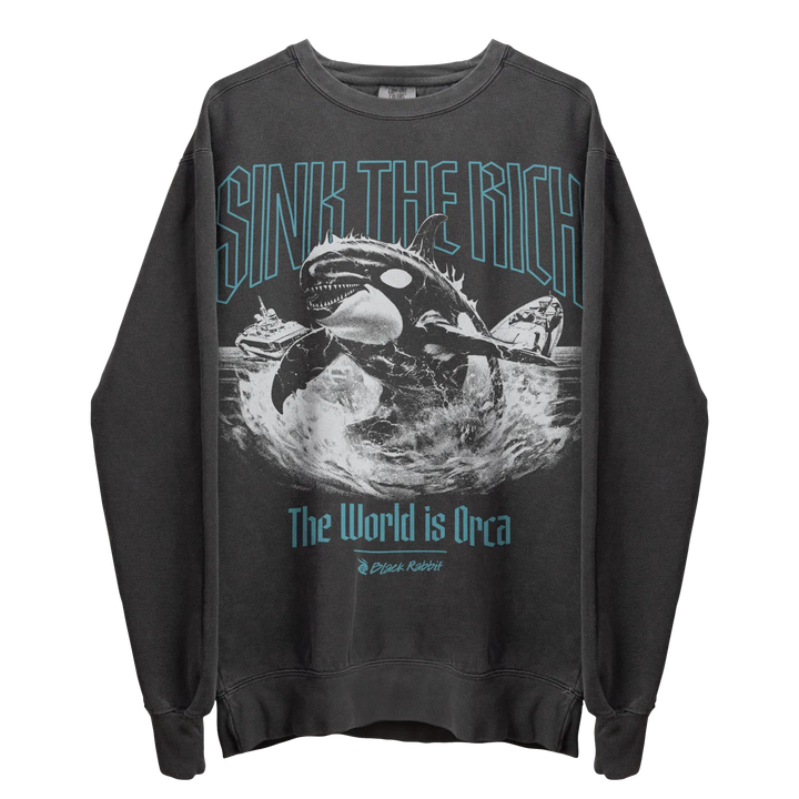 Dark grey long-sleeved graphic sweatshirt with an orca design.