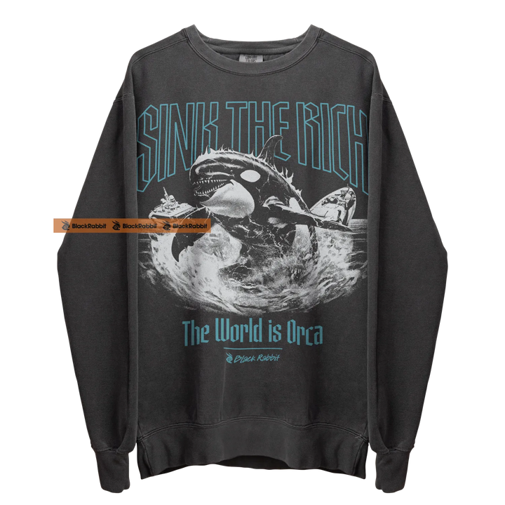 Gray sweatshirt with orca graphic.