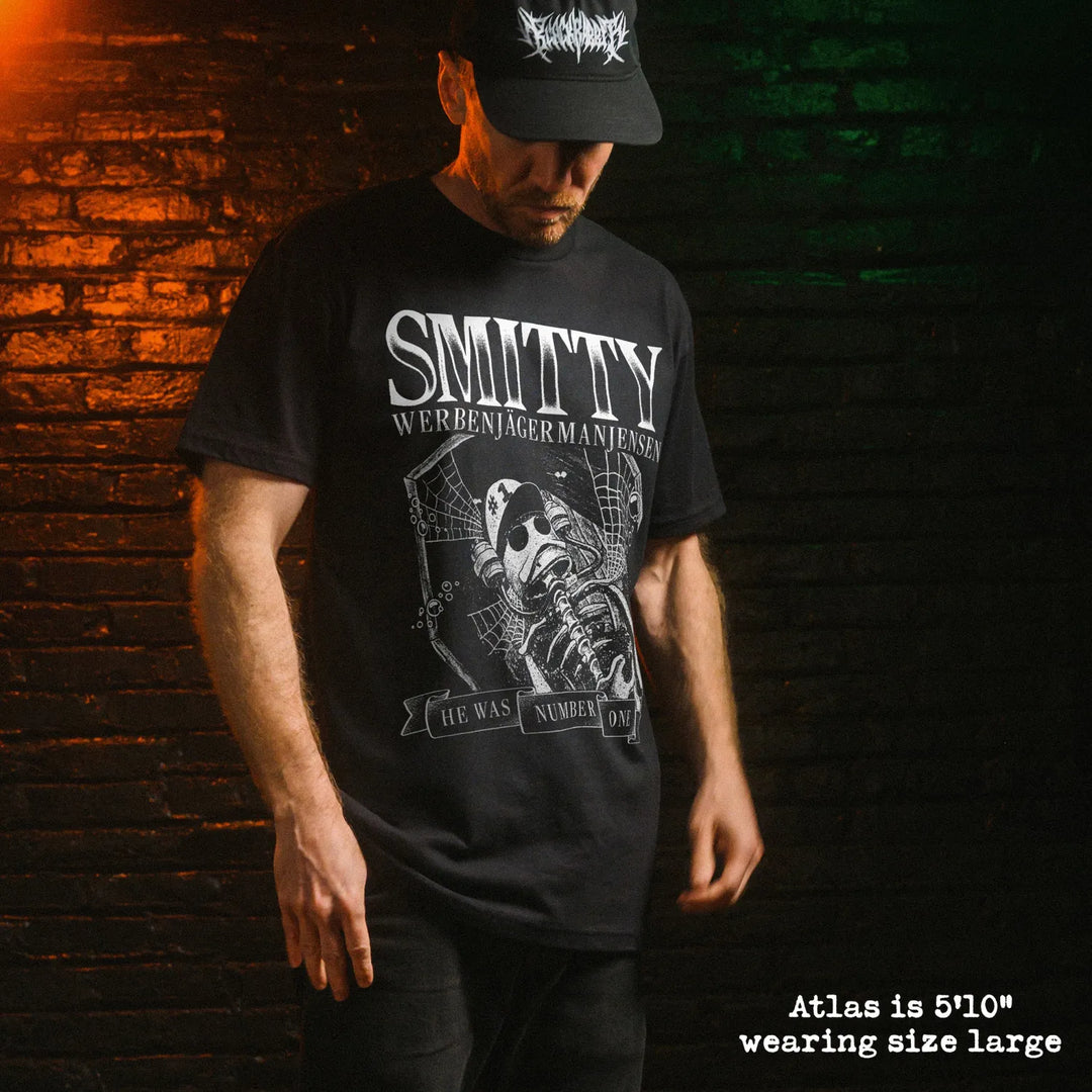 Male model wear soft premium tee with smitty graphic
