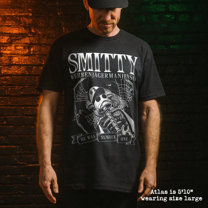 Male model wear soft premium tee with smitty graphic
