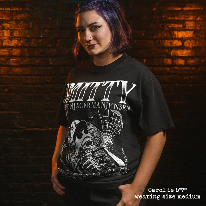 Model wearing heavy tee with smitty graphic 