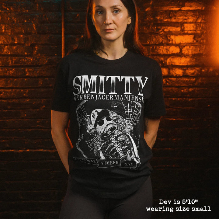 model wear soft premium tee with smitty graphic
