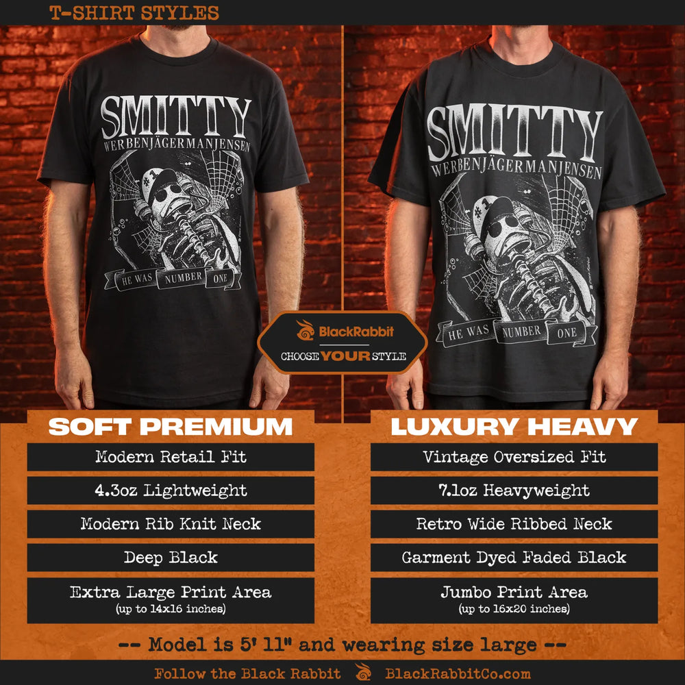 A comparison of two black graphic t-shirt styles for men.