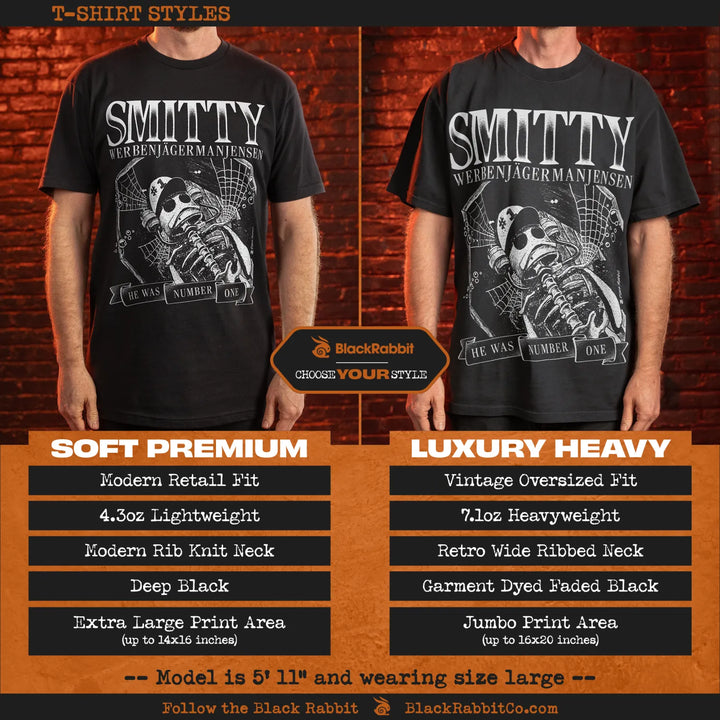 A comparison of two black graphic t-shirt styles for men.