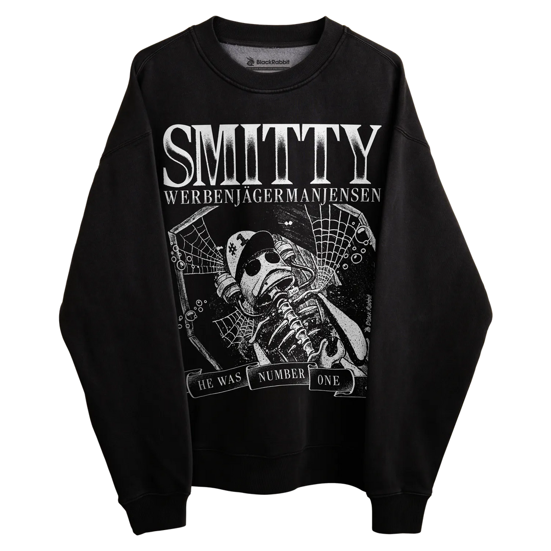Black crewneck sweatshirt with white graphic design featuring a skeleton holding a gun, labeled ’smitty werbenjagermaniens’ and the phrase ’he was number one.’