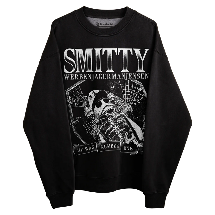 Black crewneck sweatshirt with white graphic design featuring a skeleton holding a gun, labeled ’smitty werbenjagermaniens’ and the phrase ’he was number one.’
