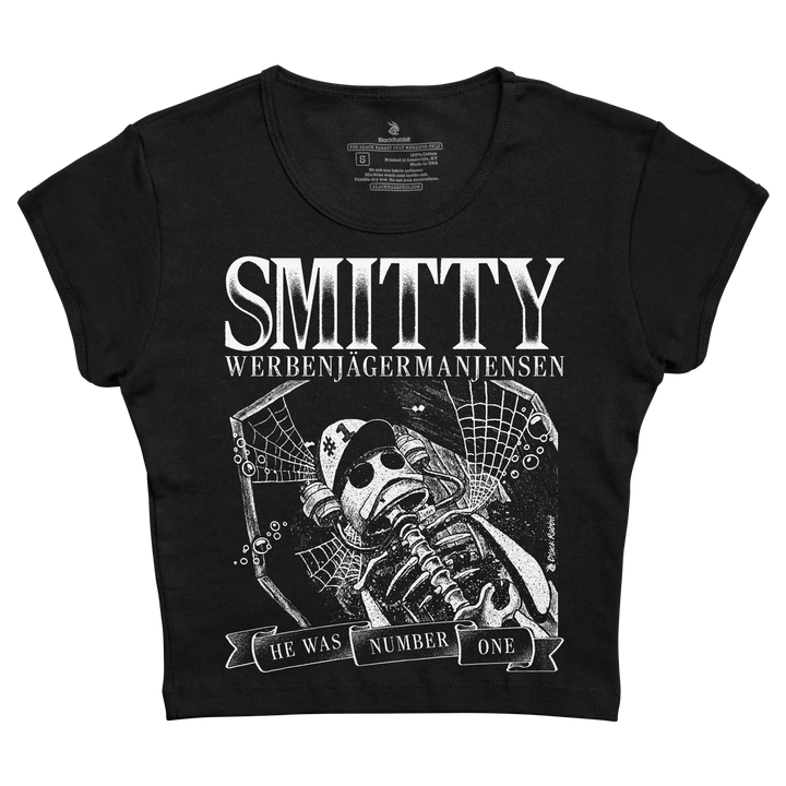 Black short-sleeved t-shirt featuring a white graphic of a skeleton in diving gear with the text ’smitty werbenjägermanjensen’ and ’he was number one’ below it