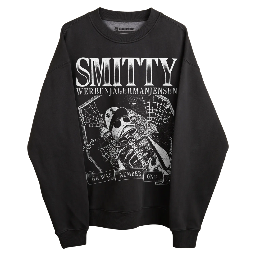 Black crewneck sweatshirt with ’smitty werbenjagermaniens’ text and graphic design featuring a skeleton in military attire.