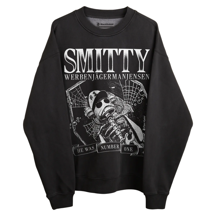 Black crewneck sweatshirt with ’smitty werbenjagermaniens’ text and graphic design featuring a skeleton in military attire.