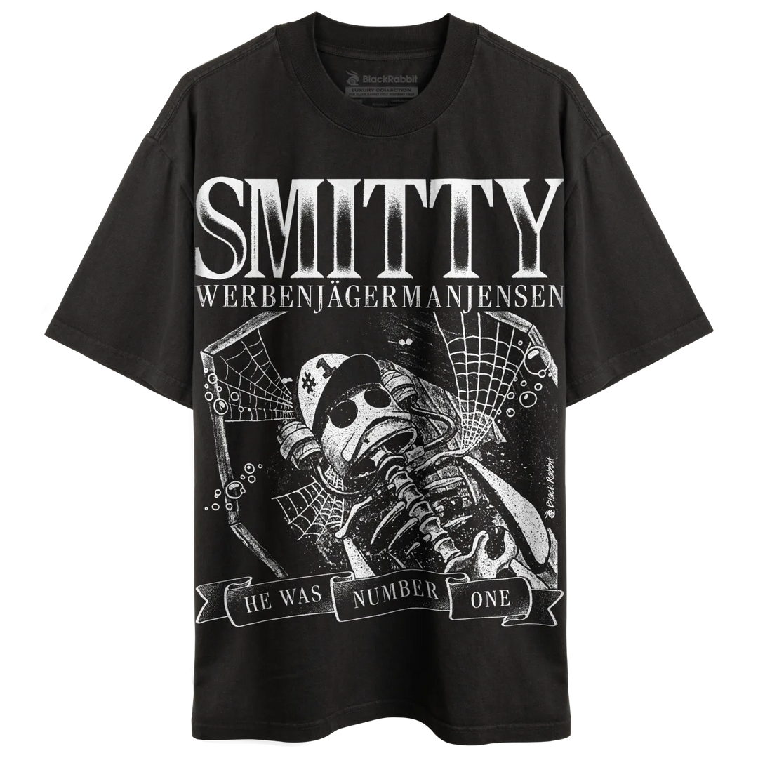 Black crew-neck t-shirt with a white graphic print of a skeleton wearing a helmet and gas mask, surrounded by spiderwebs, and text that says ’SMITTY WERBENJAGERMANJENSEN HE WAS NUMBER ONE.’