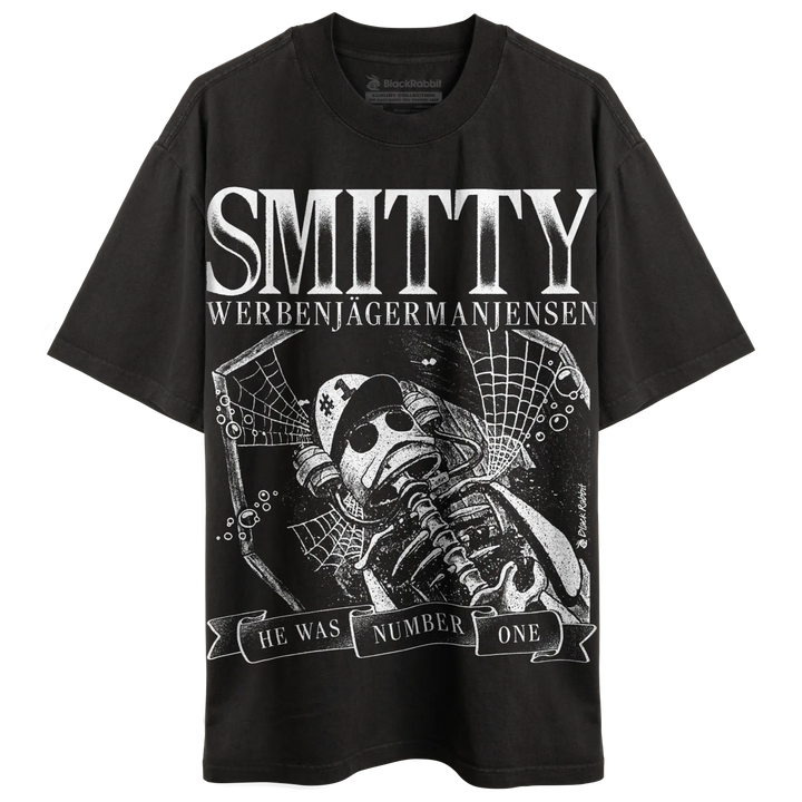 Black crew-neck t-shirt with a white graphic print of a skeleton wearing a helmet and gas mask, surrounded by spiderwebs, and text that says ’SMITTY WERBENJAGERMANJENSEN HE WAS NUMBER ONE.’