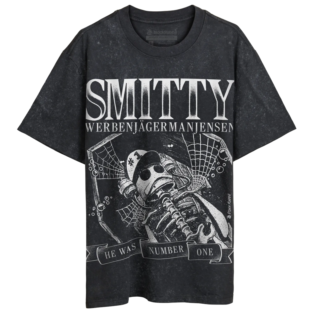 Distressed black t-shirt with a skeleton playing a saxophone graphic.