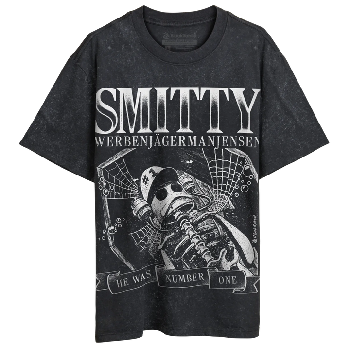 Distressed black t-shirt with a skeleton playing a saxophone graphic.