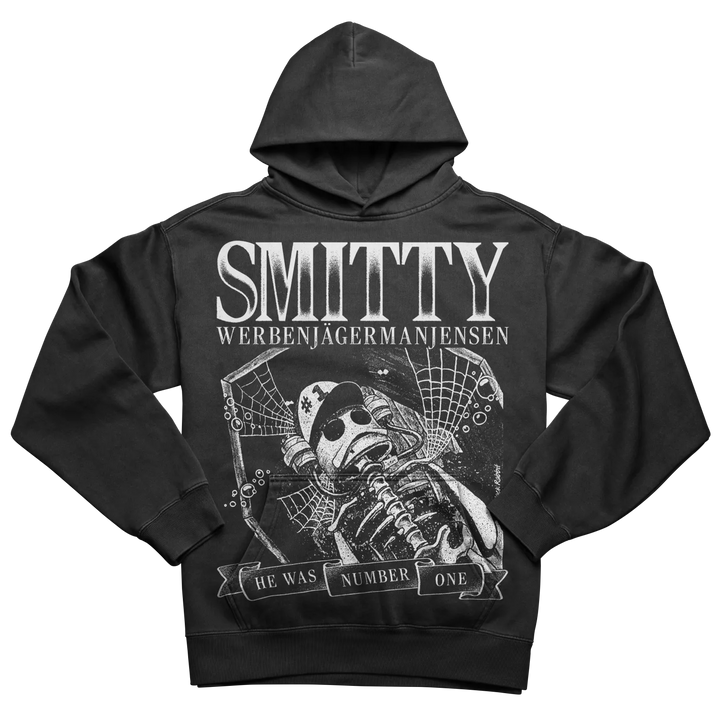 Black graphic hoodie with a skeleton design.