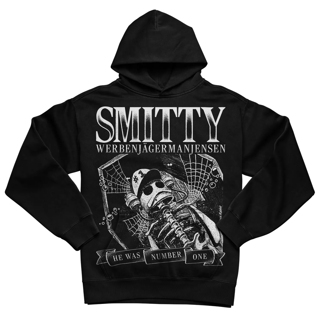 Black hoodie with white graphic design featuring a skull and crossbones, ’smitty’ text in bold letters.