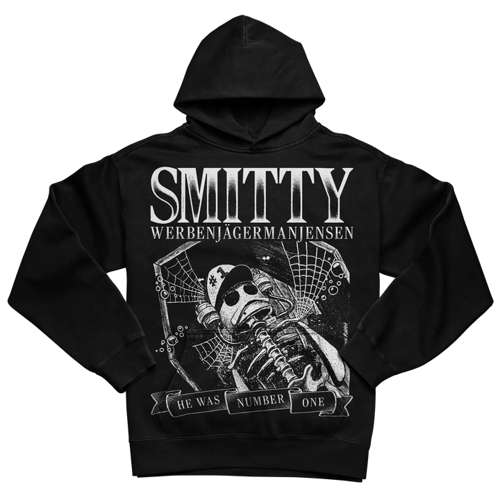 Black hoodie with white graphic design featuring a skull and crossbones, ’smitty’ text in bold letters.