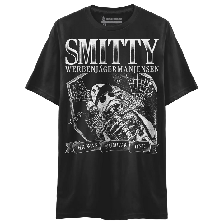 Black short-sleeve graphic t-shirt.