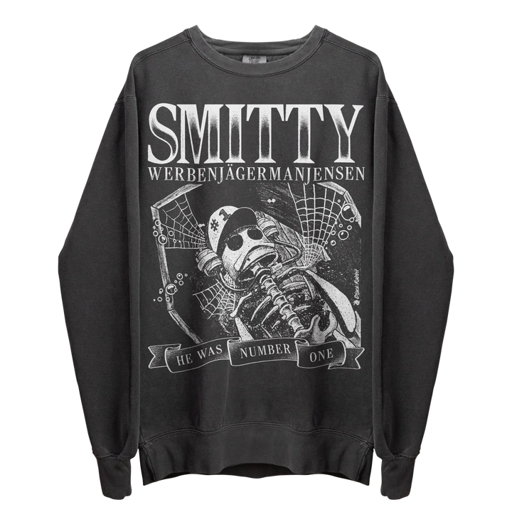 Dark gray long-sleeve graphic sweatshirt.