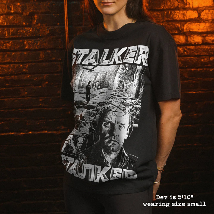 Model wearing heavy tee with stalker graphic 