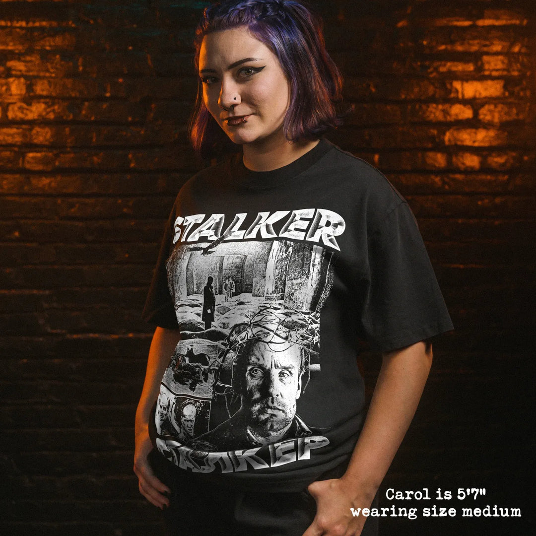Model wearing heavy tee with stalker graphic 