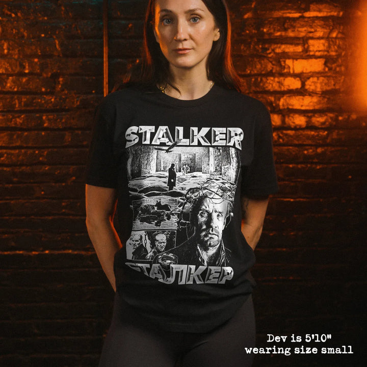 model wear soft premium tee with stalker graphic
