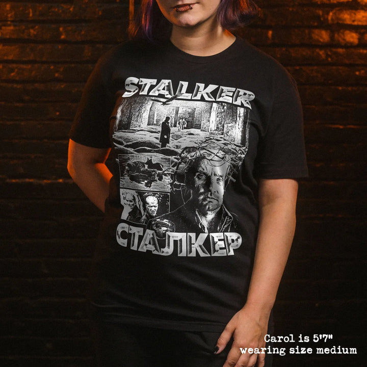model wear soft premium tee with stalker graphic

