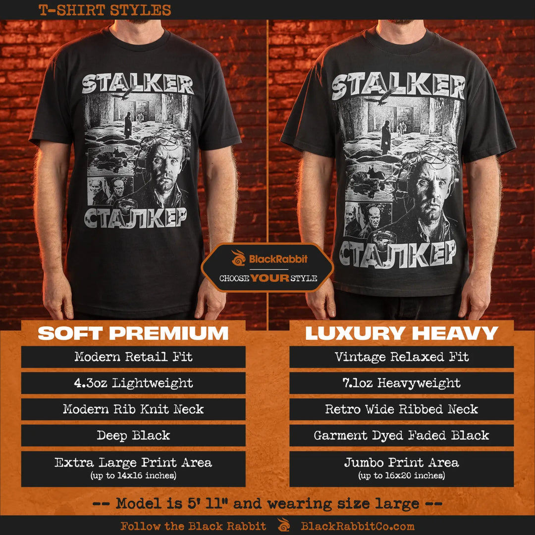 Two ’Stalker’ t-shirt styles.