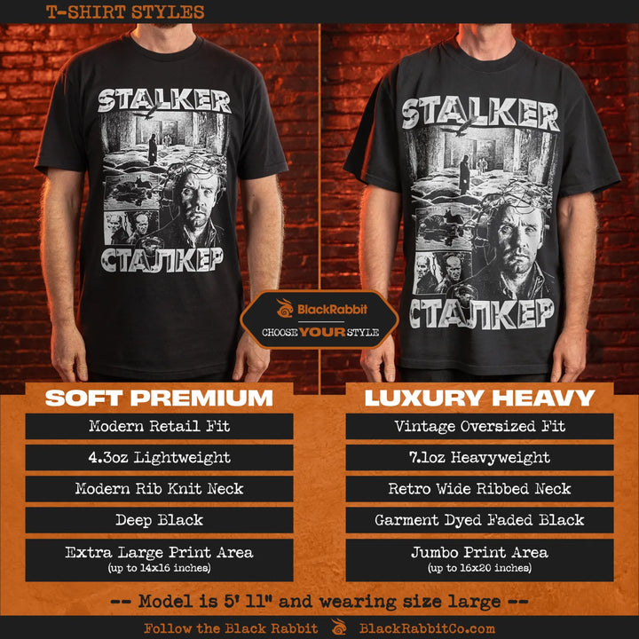 Two black t-shirts, one a modern retail fit and the other a vintage oversized fit, both featuring a ’Stalker’ graphic print.
