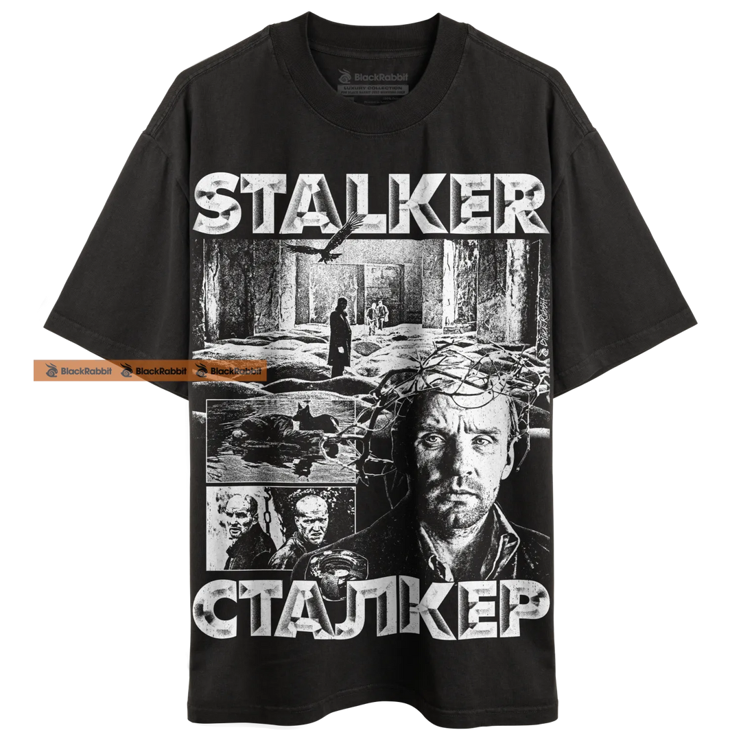 Black graphic t-shirt.