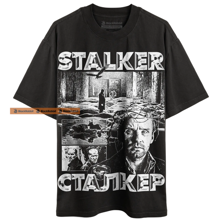 Black graphic t-shirt.