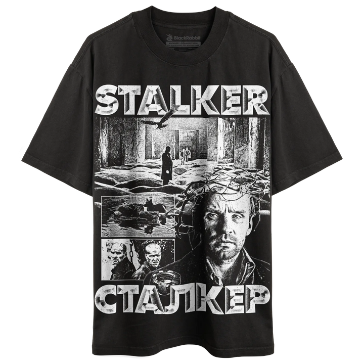 Black t-shirt with a monochrome graphic print featuring scenes and characters from the film ’Stalker.’