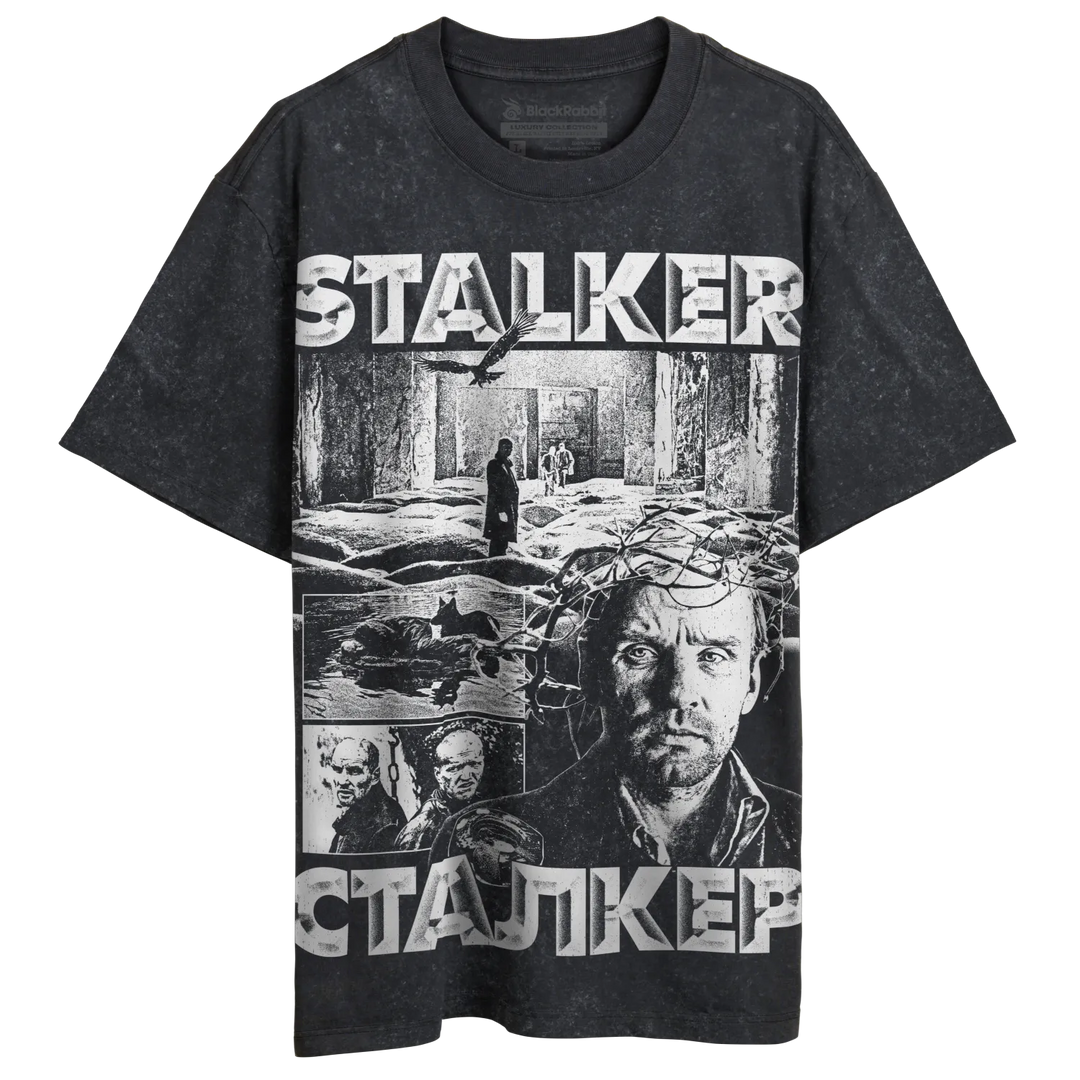 Dark gray, distressed t-shirt with a ’Stalker’ movie-themed graphic print.