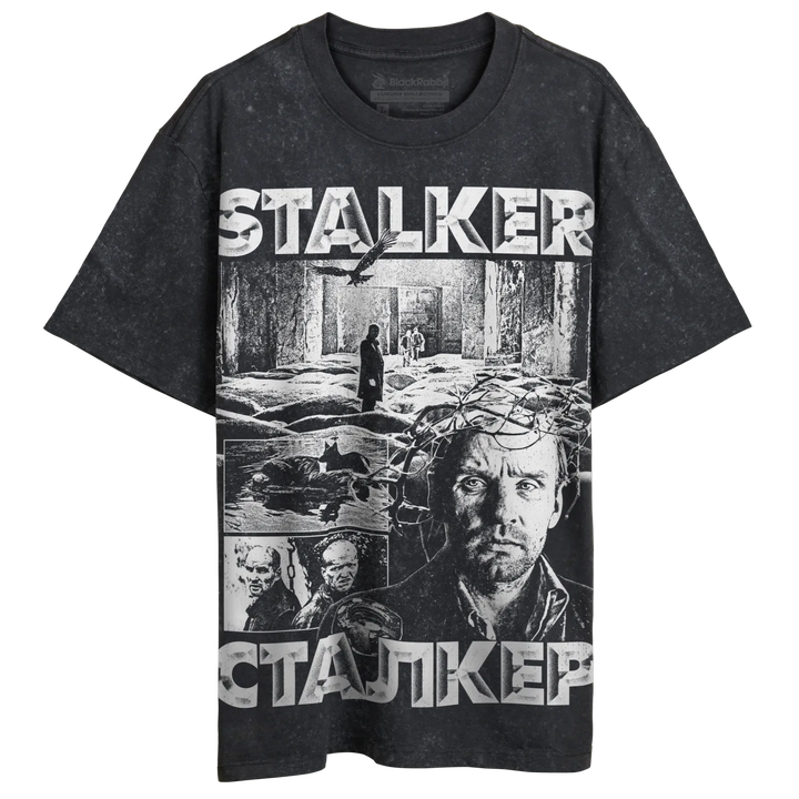 Dark gray, distressed t-shirt with a ’Stalker’ movie-themed graphic print.