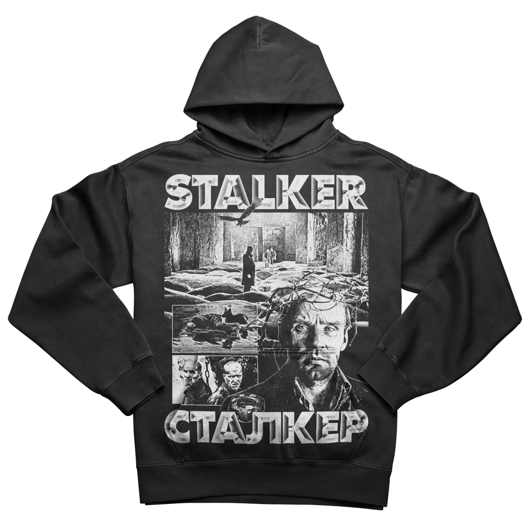 Black hooded sweatshirt with a ’Stalker’ themed graphic print.