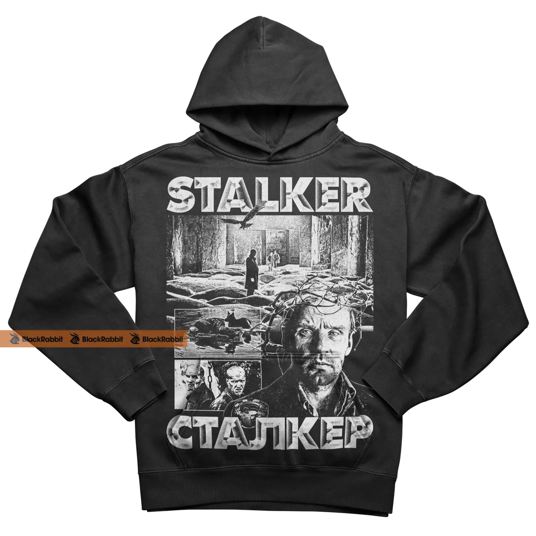 Black hoodie with ’Stalker’ graphic.