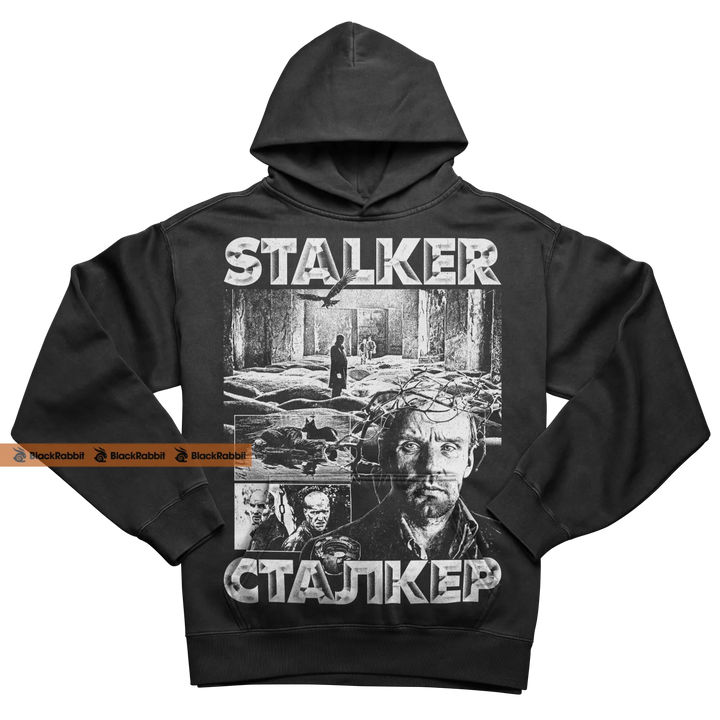 Black hoodie with ’Stalker’ graphic.