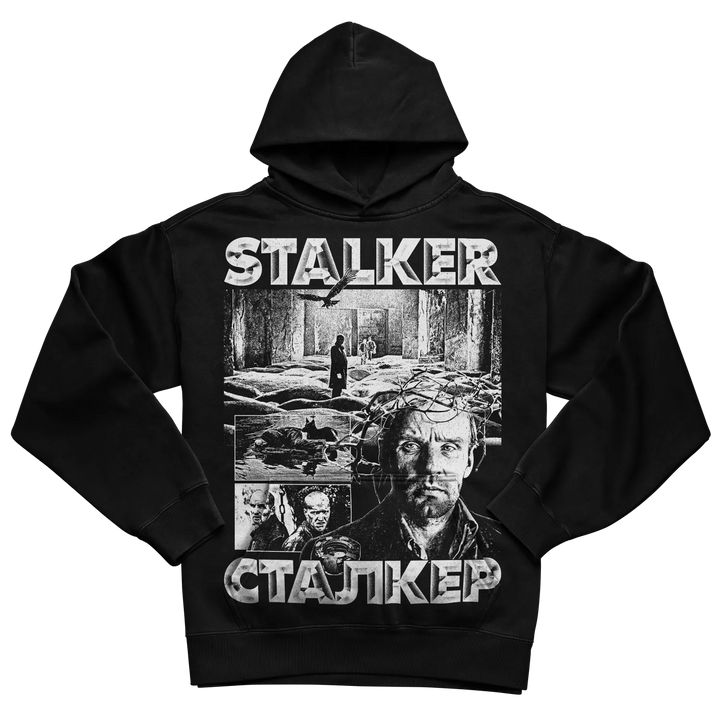Black stalker hoodie with graphic design featuring multiple images and text in english and russian.