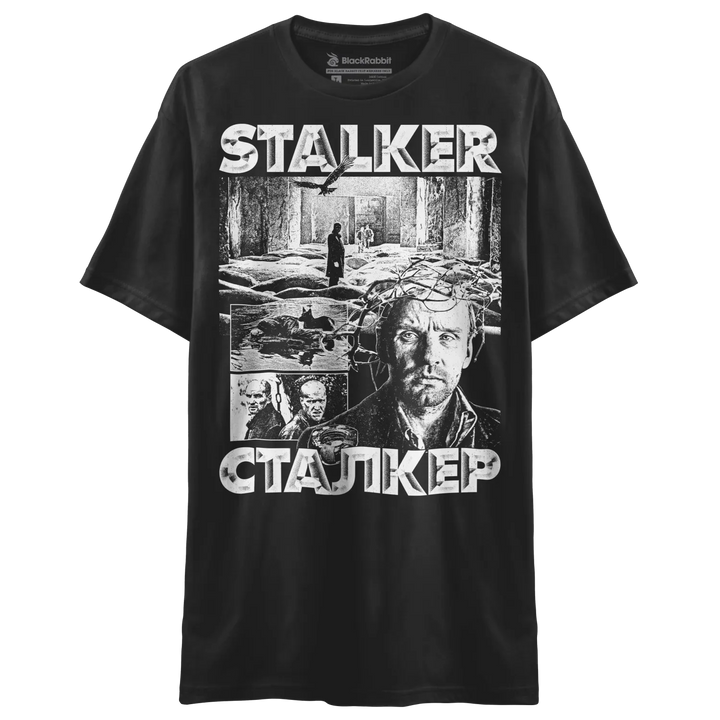 Black short-sleeved t-shirt with a graphic print featuring movie stills and the word ’STALKER’ in English and Cyrillic script.