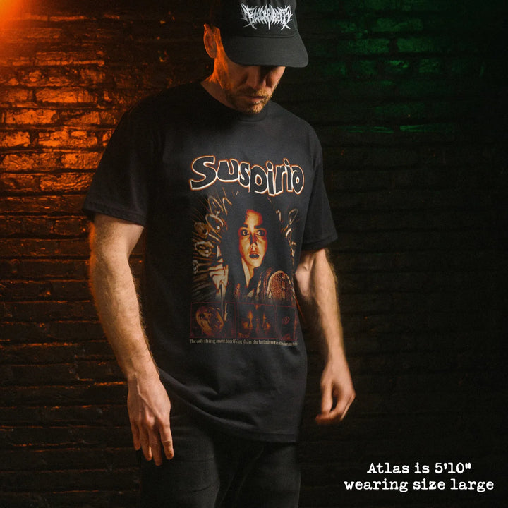 Male model wear soft premium tee with suspiria graphic
