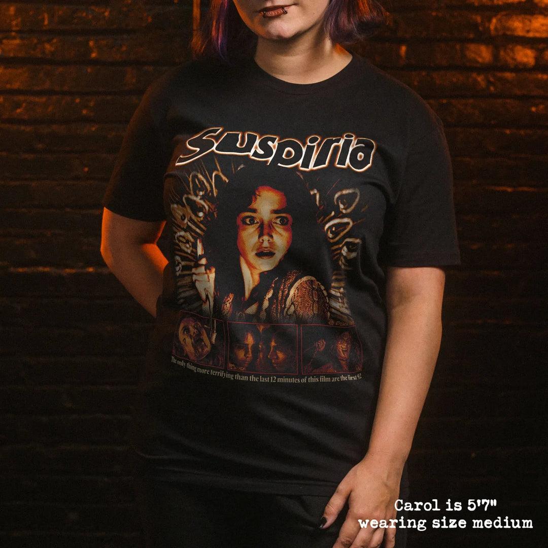 model wear soft premium tee with Suspiria graphic
