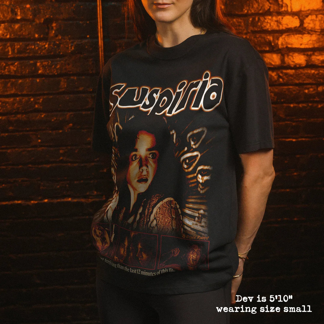 Model wearing heavy tee with suspiria graphic 
