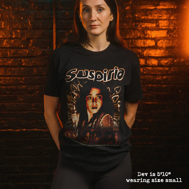 model wear soft premium tee with Suspiria graphic
